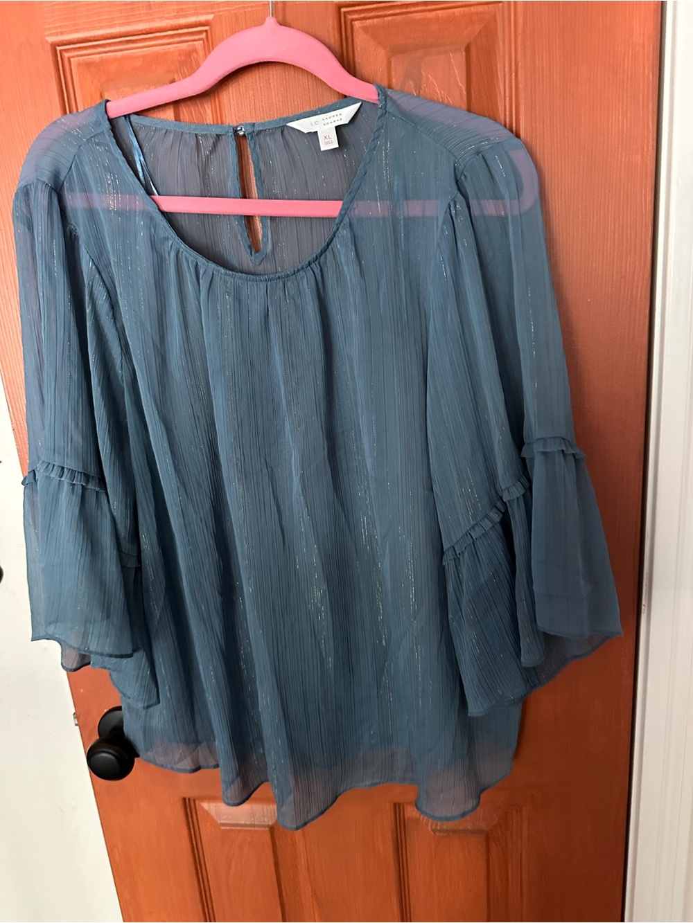 Blue Women’s Blouse - Elegant Ruffle Sleeves Crinkle Material XL